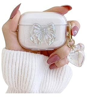 Ownest Kompatibel mit AirPods Pro 2 Hülle, Airpods Pro 2 Generation Hülle Flash TPU Cute Aesthetic Kristall Bogen Design mit Herz Schlüsselanhänger Zubehör für Mädchen - Glitter