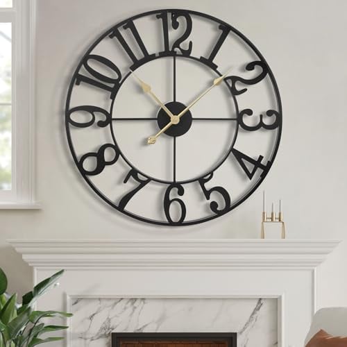HAITANG Modern Large Wall Clocks for Living Room, 60cm / 24 Round Black Metal Silent Non Ticking Battery Operated Arabic Numerals Clock for Farmhouse, Bedroom,Kitchen,Office,Classroom Home Decor