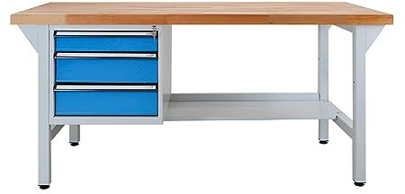 PROREGAL Werkbank Rhino Plus mit 3 Schubladen | HxBxT 84x150x70cm | Traglast 500kg | Lichtgrau/Lichtblau | Werkstatttisch Werktisch Packtisch Arbeitstisch