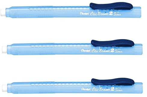 Pentel Clic Stick Radiergummihalter – blauer Schaft – weißer Radiergummi – 3 Stück