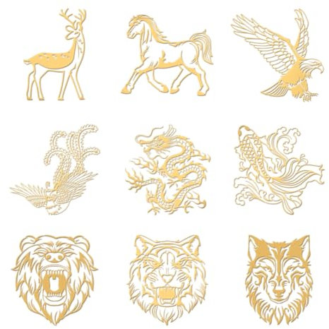 OLYCRAFT 9 Stück 4x4cm Tierthema Aufkleber Orientalischer Drache Aufkleber Selbstklebende Goldene Metallaufkleber Wolf Hirsch Metallaufkleber Für Sammelalben DIY Basteln Telefondekoration