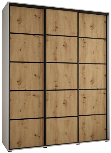 MEBLE KRYSPOL Davos 4 200 Schrank mit DREI Schiebetüren für Schlafzimmer - Moderner Kleiderschrank mit Kleiderstange und Regalen - 235,2x200x60 cm - Weiß Artisan Schwarz