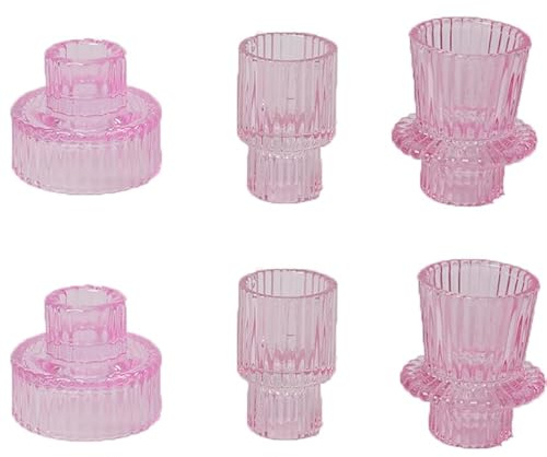 FLCSIed Kerzenhalter aus Glas, 6 Stück, Kerzenhalter aus Glas für Stabkerzen, Stumpenkerzen und Teelichtkerzen (Rosa)