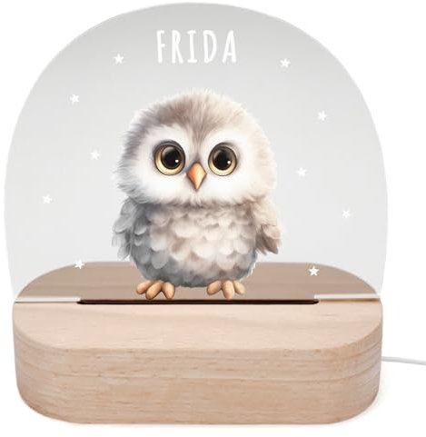 DEL MÀ Unique & Personal Personalisiertes Eule Nachtlicht Kinder & Babys Babyzimmer Deko Kinderzimmer Nachtlampe Mädchen Jungen Kinderlampe Inkl. Holzfuß & Netzteil