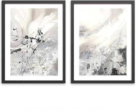 STYLER Bilder Set Artwork 2x 30x40 cm (AUFHÄNGFERTIG) - Moderne Abstrakte Bilder mit hochwertigem Rahmen - Schwarz Weiß Grau - Modern Art