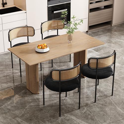 Merax Lot de 4 Chaises de Salle à Manger, Modernes Chaise Cuisine avec Dossier en Rotin et Pieds en Métal, pour Salle à Manger, Salon, Chambre, Velours, Noir