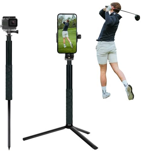 Golf Tripod and Monopod Selfie Stick with Ground Spike Stake, Phone Tripod Holder for Recording Golf Swing, 52 Adjustable Golf Selfie Stick for Swing Training Aid