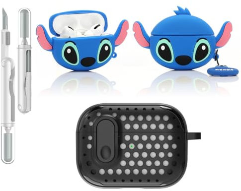 LEWOTE Funda protectora 3 en 1 compatible con Apple Airpods Pro (2ª/1ª generación) con kit de limpieza y llavero (costura de oreja grande), color negro