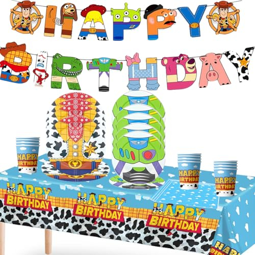 Juego de vajilla Story de 52 piezas, suministros para fiesta de cumpleaños para niños, incluye pancarta, mantel, platos y servilletas para 10 invitados
