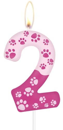Geburtstagskerzen mit Hundepfoten-Motiv, rosa Zahlenkerzen zum 2nd Geburtstag, rosa Zahl 2 für Kuchen, rosa Hundepfotenabdruck, Kuchenaufsatz für Mädchen und Jungen Geburtstagsparty-Dekorationen