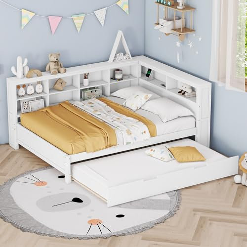 MYBOO Tagesbett Schlafsofa 140x200 cm, Holz Multifunktionsbett mit Ausziehbarem Bett 90x190 cm, USB-Steckdose und Mehreren Ablagefächern, Doppelbett Massivholzbett mit Lattenrost, Ohne Matratze, Weiß