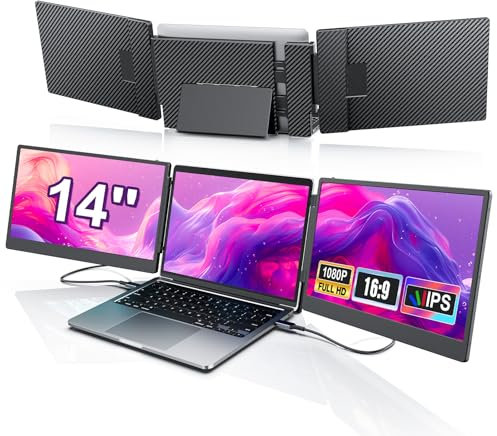 LivElect 14'' Triple Laptop Screen Extender, 1080P FHD Portable Monitor for Laptop, Screen Extended Monitors for 13-16.5, Plug-Play, Dual Monitor Extender for Mac/Windows/Chrome (Built-in Speakers)