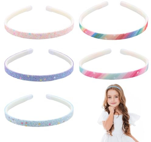EIYVPRA Lot de 5 bandeaux à paillettes, serre tete enfant, serre tete fille, En plastique - Antidérapants - Épais, Avec confettis arc-en-ciel, Accessoires pour cheveux colorés pour petites filles