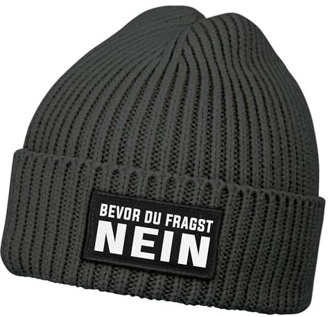 MoonWorks® Herren Beanie mit Patch Strickmütze mit Spruch Bevor du fragst - Nein Aufdruck Lustig Mütze Männer Dunkelgrau Unisize