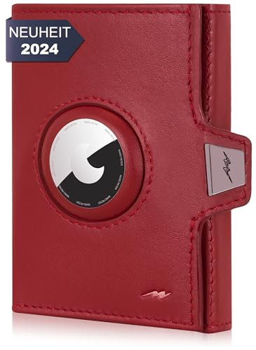 Marc Peter® Jupiter Airtag Echtleder Geldbörse mit XL Münzfach | Kleines Airtag Portemonnaie für Herren mit RFID |Apple Airtag Mini Geldbörse für Männer |Kreditkartenetui für bis zu 11 Karten Rot
