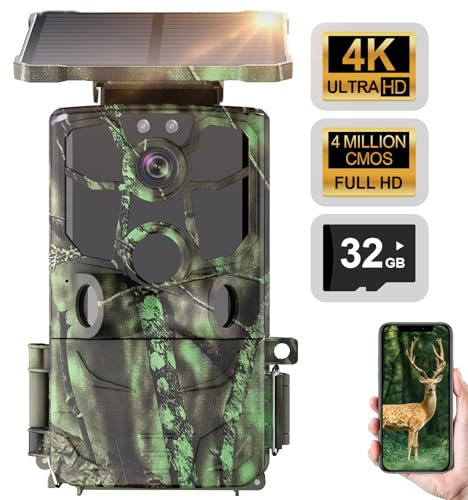 Swetfela Wildkamera mit Handyübertragung App, 4K 60MP WiFi Wildkamera mit Nachtsicht 0,1S Auslöser und 120° Erkennung, Solar Wildtierkamera Eingebaute 5200mAh Lithium Akku Wiederaufladbar