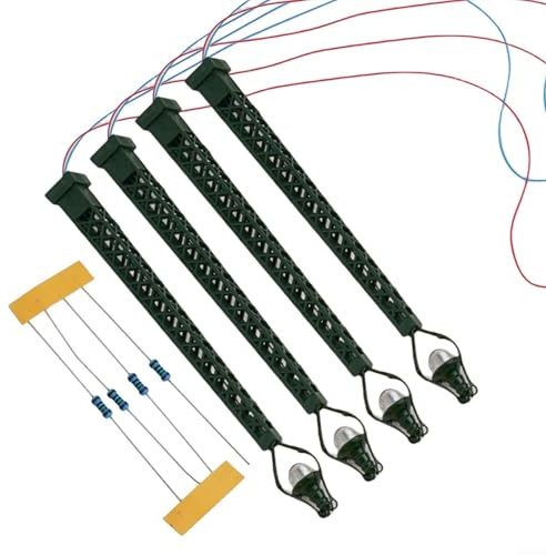 HavenDomicile 4 Stück Gittermastleuchten für Modelleisenbahn N Spur mit LEDs, mit 4 Stück Serienwiderständen zum Anschluss an 12–16 V