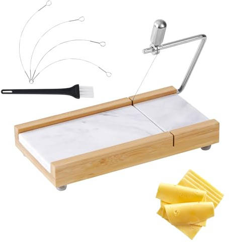 Tianman Cheese Slicer Cheese Cutter with 4 Replacement Cutting Wire,Heavy Duty 8.27x 4.4,Marble Board Cheese Slicer for Block Cheeses, Butter,Cakes and More(White Grey)