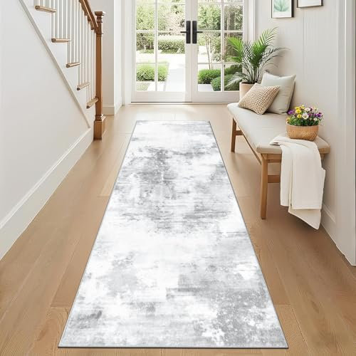 SHACOS Langer Teppich Läufer Flur rutschfest 65x180 cm, Flurteppich Läufer Lang Grau Flurläufer Modern, Küchenteppich Waschbar, Teppichläufer für Flur, Wohnzimmer, Küche, Hellgrau