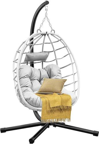 VNSMM Gartenschaukel Hängender Schaukelstuhl mit Ständer, Eierstuhl aus Korbgeflecht, für drinnen und draußen, mit Kissen, 150 kg Hollywoodschaukel Abdeckung(Light Gray)