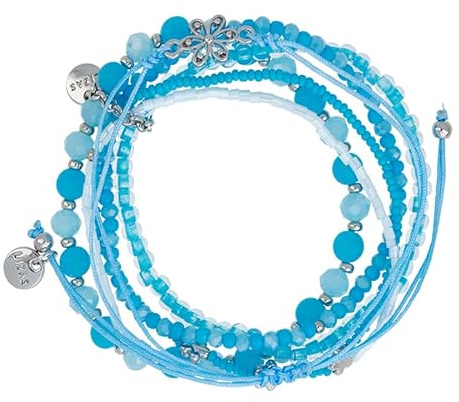 Lizas Armband fünfreihig + Stoffarmband mit verschiedenen Perlen und Farben - Zugband (blau/türkis)