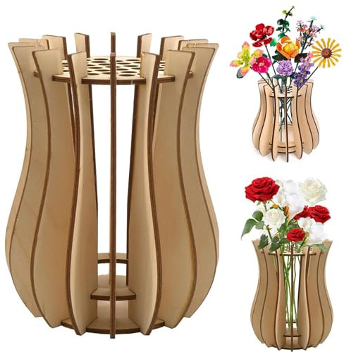 Vase en Bois pour Bouquet de Lego, Puzzle 3D Vase à Fleurs en Bois, Kit de Construction pour Fleurs Artificielles, Roses, Tulipes, Tournesol (Petit modèle)