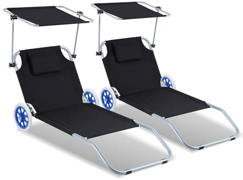 Ollewiellan 2er Strandliege mit Rollen Klappbar Liegestuhl Strand 5-Fach Verstellbarer,Sonnenliege Klappbar Leicht bis 100kg belastbar,Transportliege für Strand Pool Garten,Strandsitz Schwarz