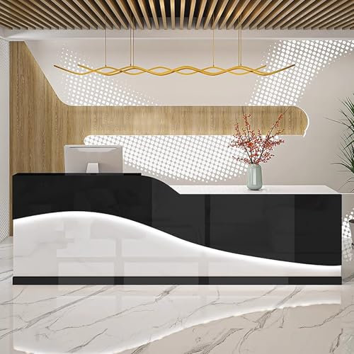 JCSRYD Empfangstresen mit Theke und LED-Beleuchtung, 120/140 cm, Empfangstheke für Büro, Moderner Rezeptionstheke, Kassentheke für Ladenlokale, Salons(Black,55in/140cm)