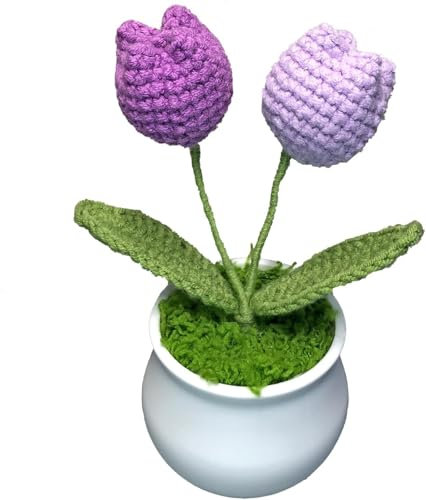 Fleur Crochet Fleurs Artificielles Deco Fleurs Tricotées Peluche, Petites Plantes Pot Faites à Main Tricotées Décorations Bureau de Chambre à Coucher Cadeau Jour Enseignant de Fin d'études (Tulipes)