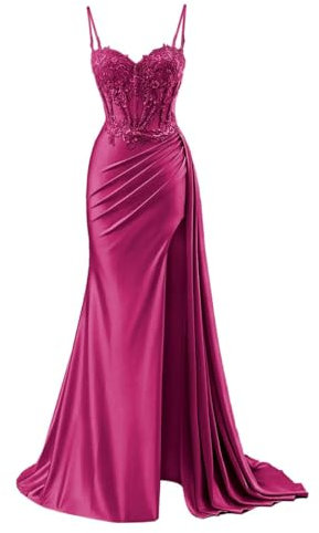 Vestidos de dama de honor de satén para mujer para boda con vestidos de noche formales de sirena de limo, talla grande, fucsia, 56 Grande
