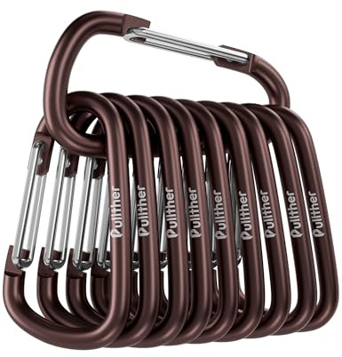 pullther 10 Stück Aluminium Karabinerhaken, 56mm/2,2'' Karabiner Klein, Korrosionsbeständige D-Ring Karabinerhaken Schlüsselanhänger für Outdoor Sport, Wandern, Camping, Angeln - Braun