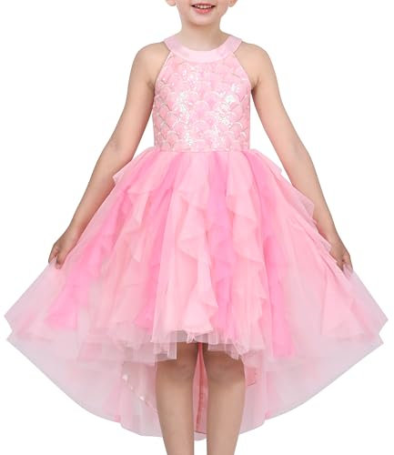 Sunny Fashion Ragazze Cavezza Vestito Pesca Pieghe Increspatura Principessa Lustrino Elegante Tulle 7 Anni