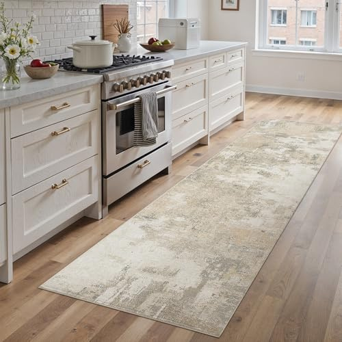 PureCozy Beige Teppichläufer Flur 60x240 cm, Waschbarer Abstraktes Teppich rutschfest für Wohnzimmer Schlafzimmer Balkon LäUfer KüChe Esszimmer BüRo Flach, Indoor Modern Weicher Kurzflor Carpet
