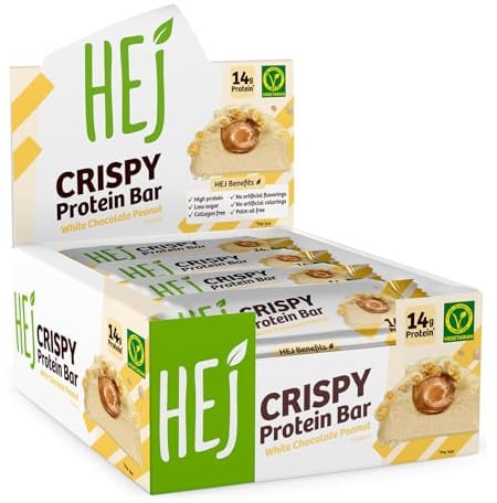HEJ Crispy Protein Bar, White Chocolate Peanut, 12 x 45 g, vegetarisch | Proteinriegel, High Protein Snack, zuckerarm, vegetarisch, ohne Palmöl, ohne Zuckerzusatz & künstliche Aromen, knusprig