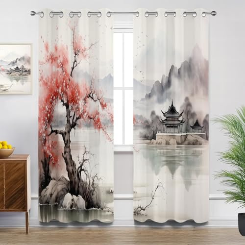 DSRDRFG Japanische Vorhänge 117x183cm (BxH) Fuji Kirschblüten-Motiv Vorhang im Stil der Tuschemalerei Ösen für Schlafzimmer Wohnzimmer Vorhänge Blickdicht Thermo Gardinen, 2er Set