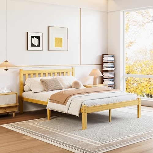 Hunlostten Double Bed Frame Wooden with Headboard - Bamboo Wood Bed Frames with Metal Slats Support and Underbed Storage Bedroom Furniture, Easy Assembly, Noise Free, Solid, 35.5 cm High