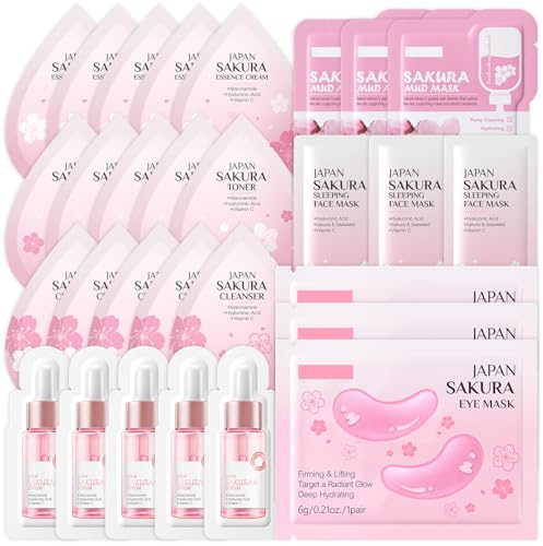 29 Teiliges Sakura Hautpflege Set Reisegröße, Koreanische Skincare Geschenkset mit Cleanser Toner Creme Serum Augenmasken Schlammmaske Schlafmaske, Feuchtigkeitsspendend Glow Pflege Set Damen