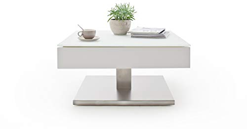 PEGANE Table Basse pivotant avec Plateau en Verre Blanc Mat - L75 x H38 x P75 cm