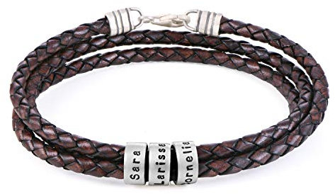MyNameNecklace MYKA Pulsera para Hombre de cuero con Cuentas Personalizadas (Cordón Marrón - Plata de Ley (cuentas))