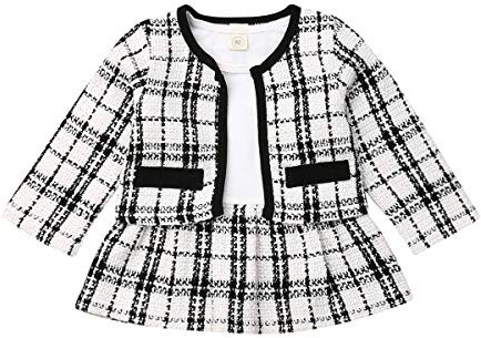 Zukmuk Baby Mädchen Kleing Herbst Winter Kleidung Schwarz Weiß Kariert Mantel Tops 2 Pcs Prinzessin Outfits Formale Kostüme Patchwork Tutu Kleid Baby Geschenk Mädchen (Bild-Farbe, 4-5 Jahre,130)