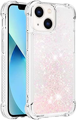 Dfjhure for iPhone 13 Case Glitter Sparkle Phone Case Shockproof Soft Silicone Rubber Transparent TPU Case Flowing Liquid Quicksand Cover for iPhone 13- Silver Pink Star