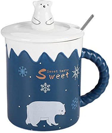 ITODA 370ml Mug en Céramique avec Couvercle et Cuillère en Acier Inoxydable, Ours Polaire Mignon Tasses à Lait/Thé/Café Coupe avec Poignée Cadeau Anniversaire Noël pour Mère/Père/Femme/Homme/Amis