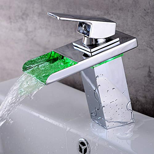 kangten LED Wasserhahn mit Wasserfall, RGB 3 Farbewechsel Beleuchtung Bad Armatur Wasserfall Auslauf Waschbeckenarmatur für Badezimmer, Messing, verchromt, Rot, Grün, Blau
