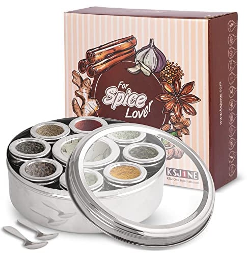 KSJONE Large Spice Container Masala Dabba With 9 Compartments, Masala Box, Spice Container Box,Stainless Steel Spice Box Indian Masala Dabba with Transparent Lid, 22cm