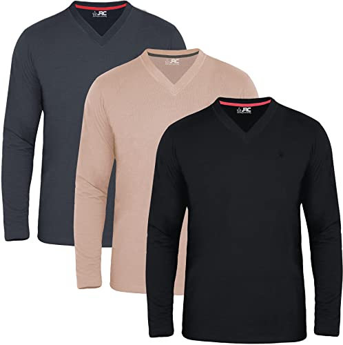 JRC Just Royal Clothing Pack of 3 Mens Long Sleeve V-Neck T-Shirts, Casual Vee Neck Tops (Black, Charcoal, Rugby Tan, L)