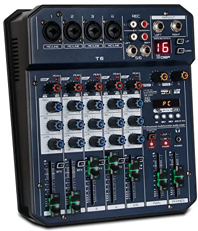 Depusheng T6 Audio Mixer 6-KANAL DJ Sound Controller Interface mit USB-Soundkarte für PC-Aufnahmen, XLR-Mikrofonanschluss, 5-V-USB-Stromanschluss, FX 16-Bit-DSP-Prozessor