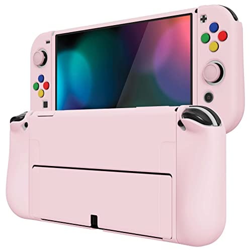 PlayVital ZealProtect Weiche Schutzhülle für Nintendo Switch OLED Konsole Joy Con, Case Hülle Cover Zubehör für Nintendo Switch OLED mit Sticks Kappen & ABXY Richtungstastenkappen(Kirschblüten Rosa)