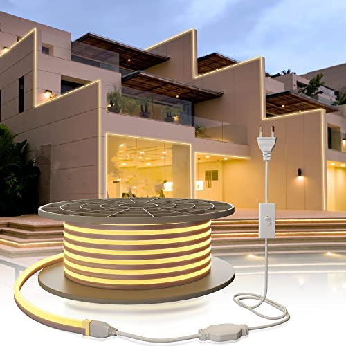 YOODI Neon LED Strip 10M, 230V LED Strip Outdoor Warmes Licht LED Flexible Lichtleisten 120LED/M, PVC Schneidbare Wasserdichte IP65 Neonlichter für Indoor Outdoor, Inklusive Netzteil