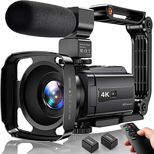 Caméra vidéo 4K Caméscope 48MP UHD WiFi IR Vision Nocturne Vlogging Caméra pour YouTube 16X Zoom Numérique Écran Tactile Caméscope avec Microphone, stabilisateur de main, capuchon d'objectif,