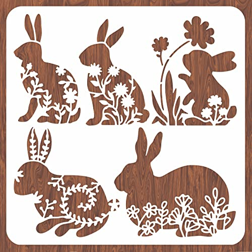 INFUNLY Osterhase Schablone für Malerei 11.8x11.8 Glücklich Frühling Blume Wand Schablonen Waschbar Kunststoff Hase Kaninchen Zeichnung Schablonen Malerei Schablonen auf Holz für DIY Zuhause Dekor